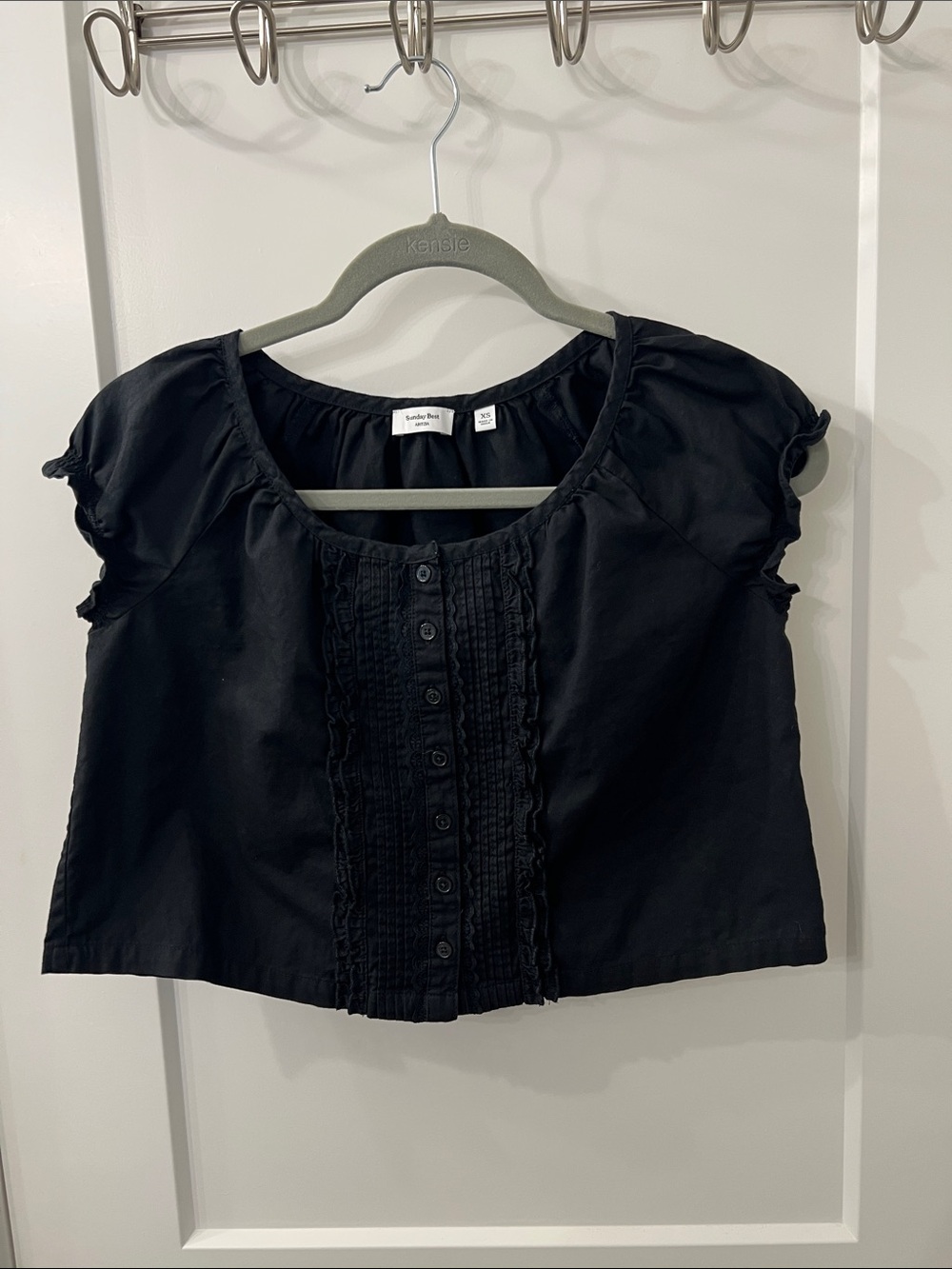 Aritzia Black Pintuck Button-Front Cap Sleeve Top